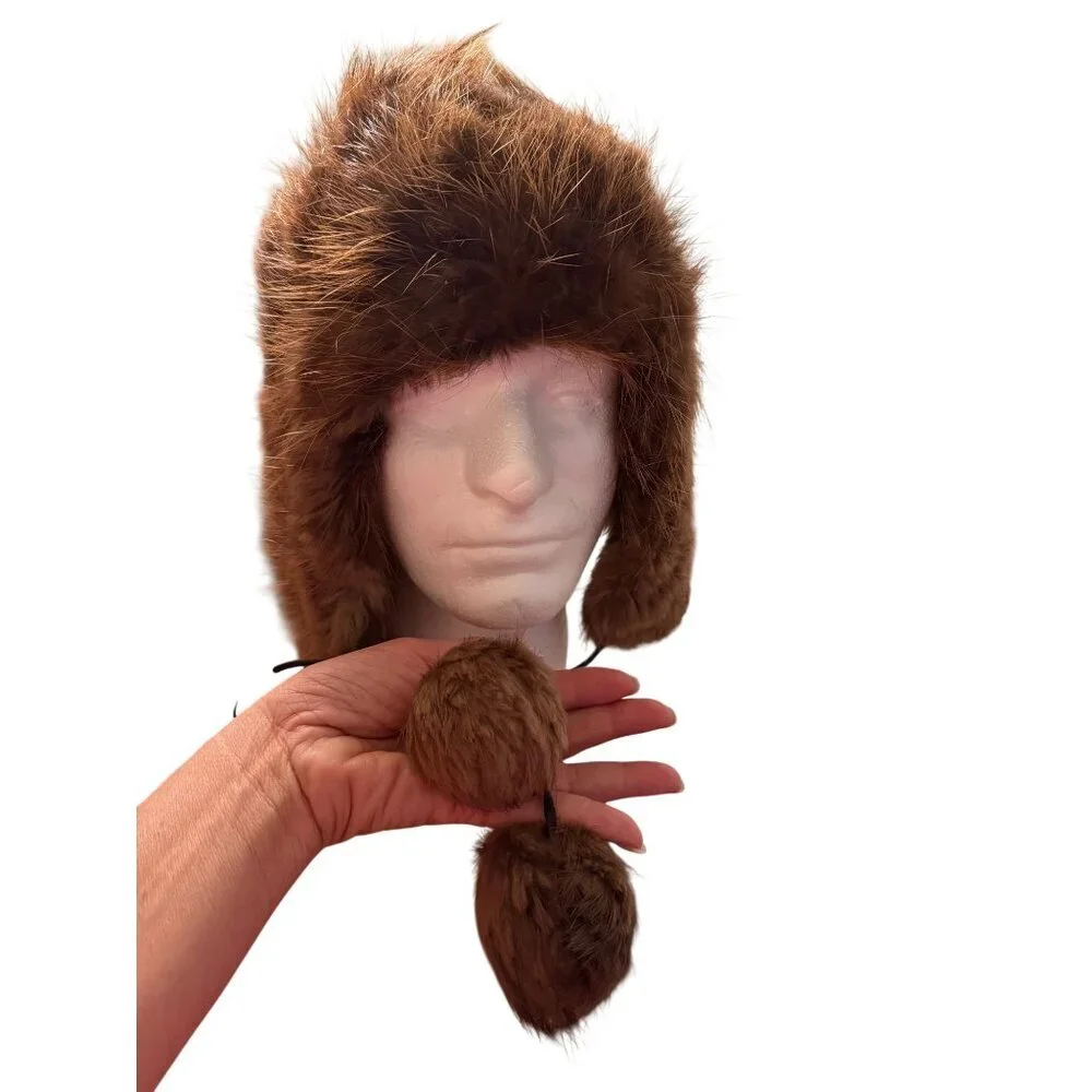 Vintage Beaver Fur Womens Trapper Hat One Size Reddish Brown Earflaps Pom-poms